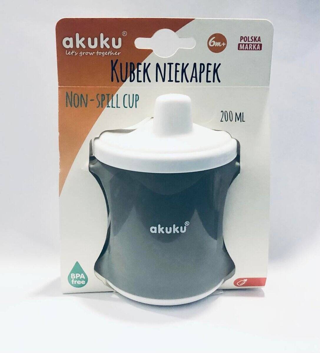 AKU0001 AKUKU Non-spill Ποτηράκι με Χερούλια Γκρι-Λευκό 6m+, 200ml - Image 1