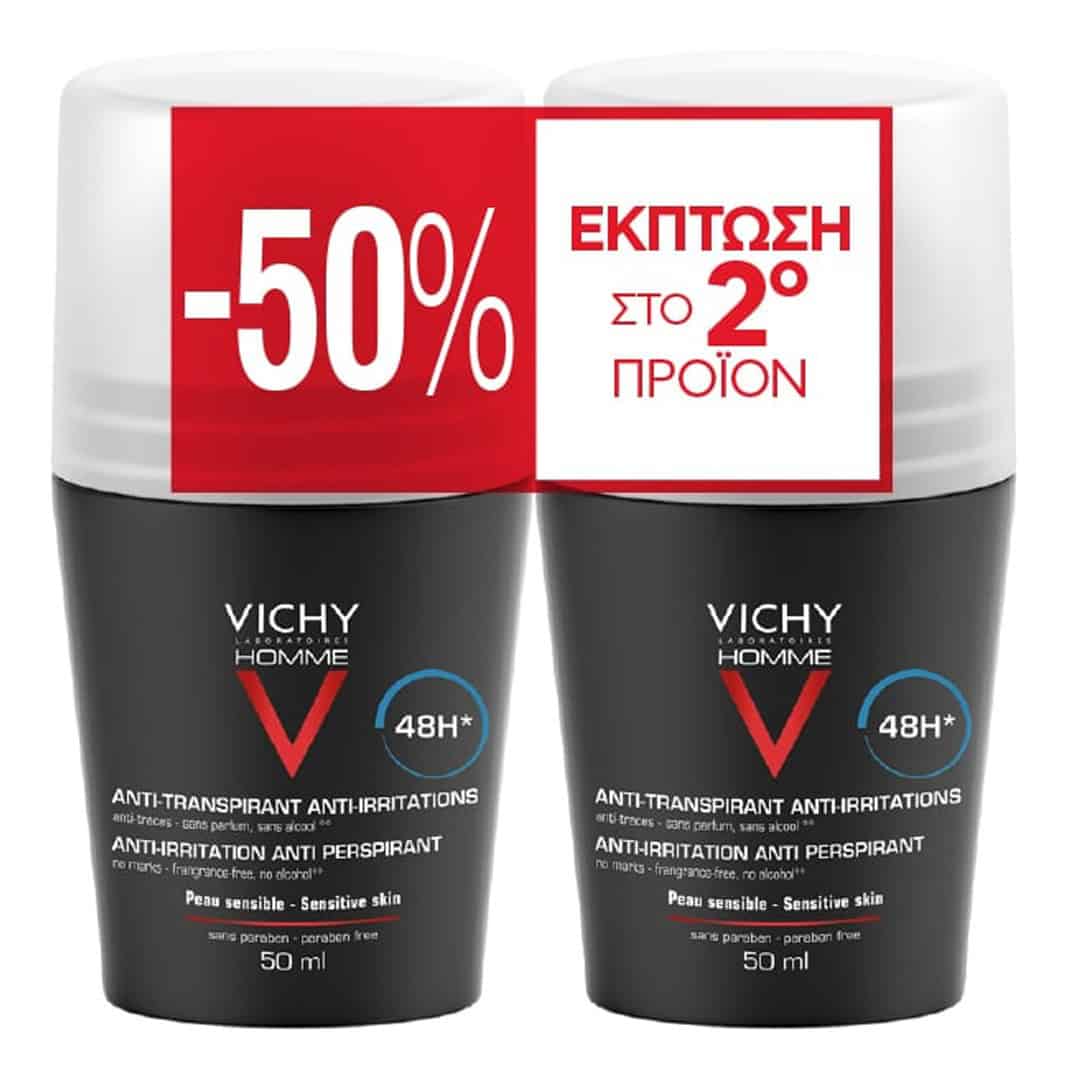 VIC0254 VICHY Promo Deodorant Ανδρικό Αποσμητικό κατά του Ιδρώτα 48Η με -50% Έκπτωση στο 2ο Προϊόν, 2x50ml - Image 1