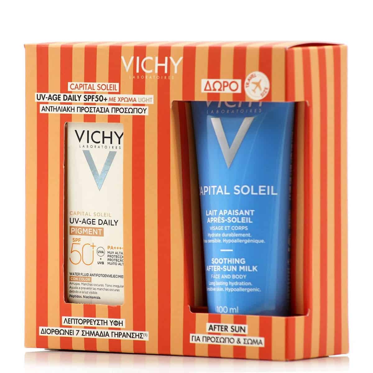 VIC0276 VICHY Promo Capital Soleil UV-Age Daily SPF50 Αντηλιακό Προσώπου κατά της Φωτογήρανσης με Χρώμα Light 40ml & ΔΩΡΟ After-Sun Ενυδατικό Γαλάτωμα Προσώπου-Σώματος για Μετά τον Ήλιο 100ml, 1box - Image 1