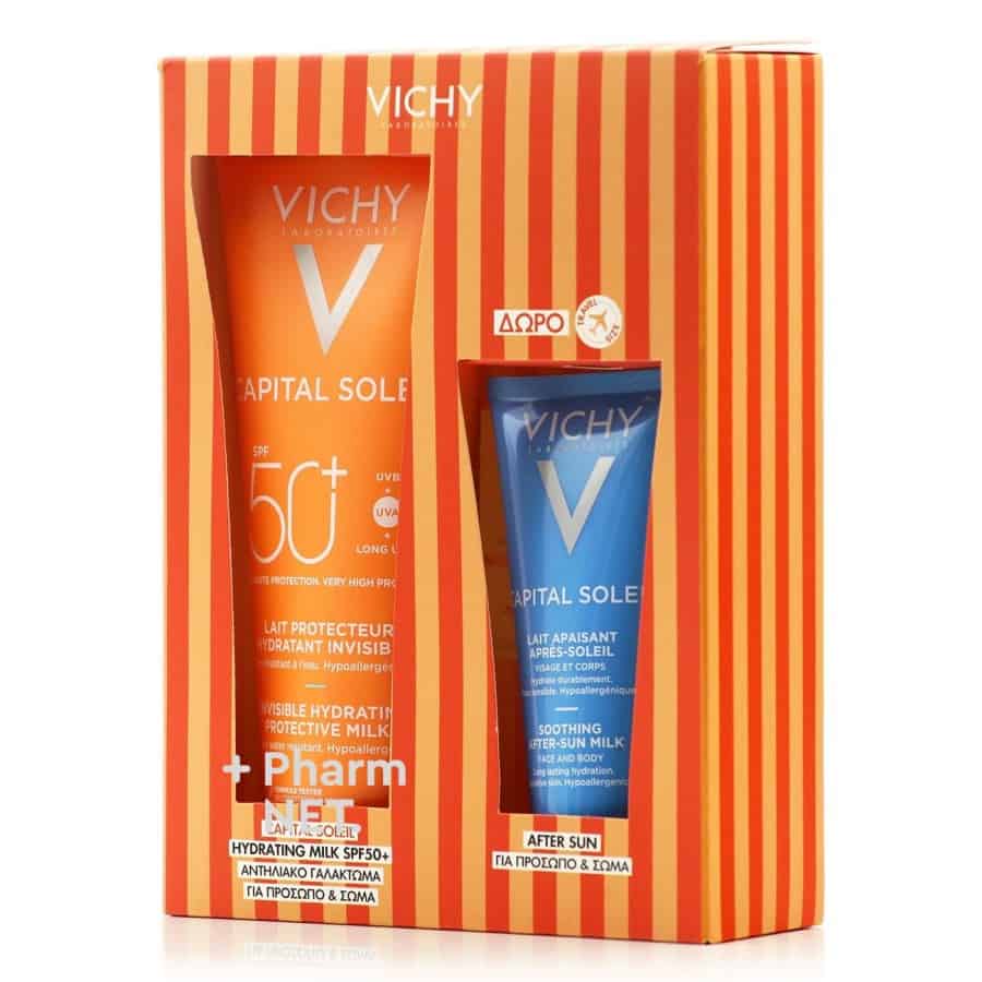 VIC0278 VICHY Promo Capital Soleil Ενυδατικό Αντηλιακό Γαλάκτωμα SPF50+ για Πρόσωπο & Σώμα 300ml & ΔΩΡΟ After-Sun Ενυδατικό Γαλάκτωμα Προσώπου-Σώματος 100ml, 1box - Image 1