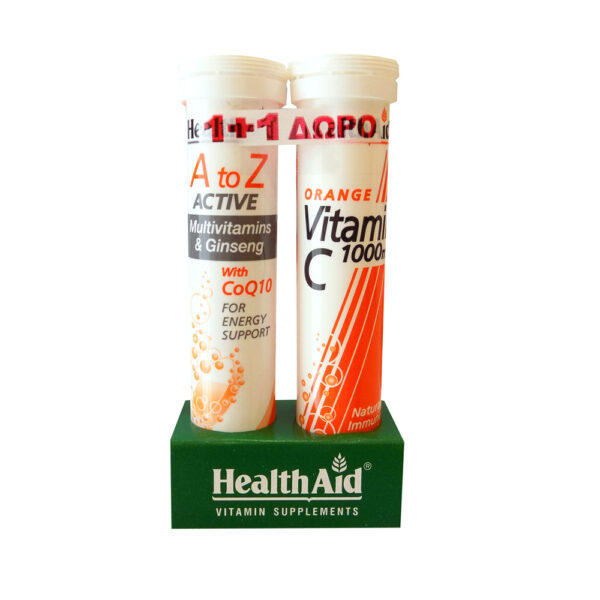 HEALTH AID 1+1 ΔΩΡΟ Α to Ζ Αctive Πολυβιταμίνες με Τζίνσενγκ & Συνένζυμο Q10 & Vitamin C 1000mg Πορτοκάλι