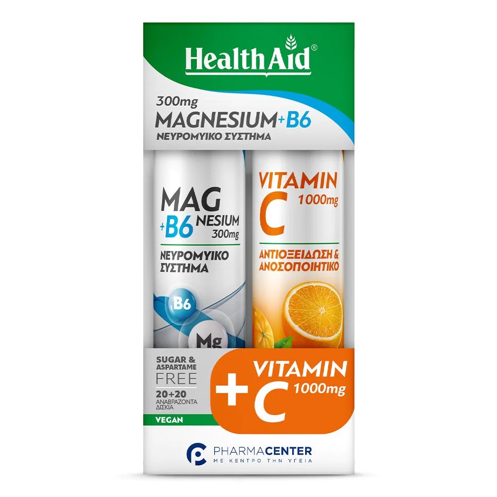 HAID0101 HEALTH AID Promo Pack Magnesium 300mg+B6 & ΔΩΡΟ Vitamin C 1000mg, 20+20 Αναβράζοντα Δισκία - Image 1