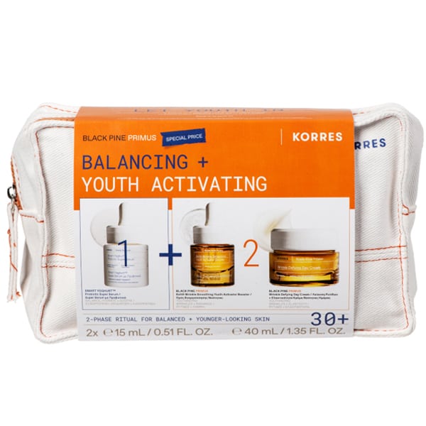 KORR0595 ΚΟΡΡΕΣ Black Pine Primus Balancing + Youth Activating Σετ με Κρέμα Ημέρας 40ml, Ορό Προσώπου 15ml & Γιαούρτι Super Serum με Προβιοτικά 15ml, 1Νεσεσέρ - Image 1